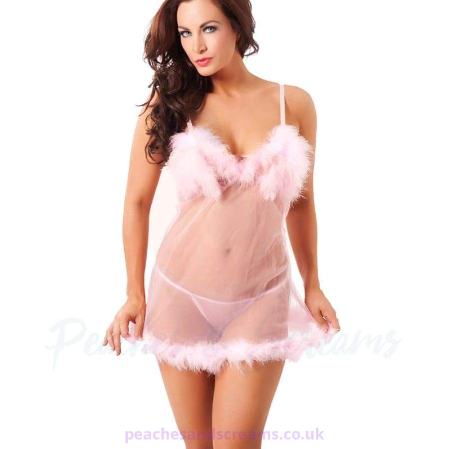 Pink Babydoll with Fluffy Chest and Hem Detail and G-String